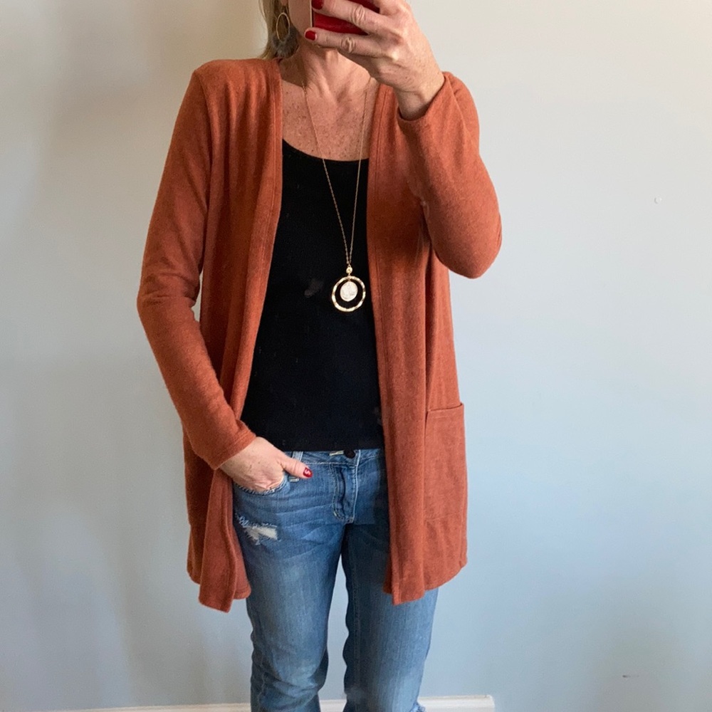 Rust Color Brushed Hacci Open Cardigan - Picture 2 of 7